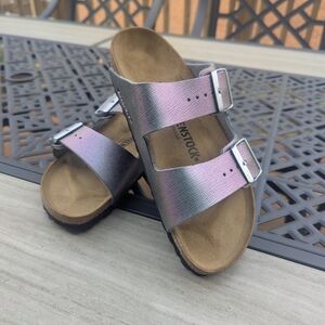 Birkenstock Arizona 37 Purple Iridescent Slide Sandals